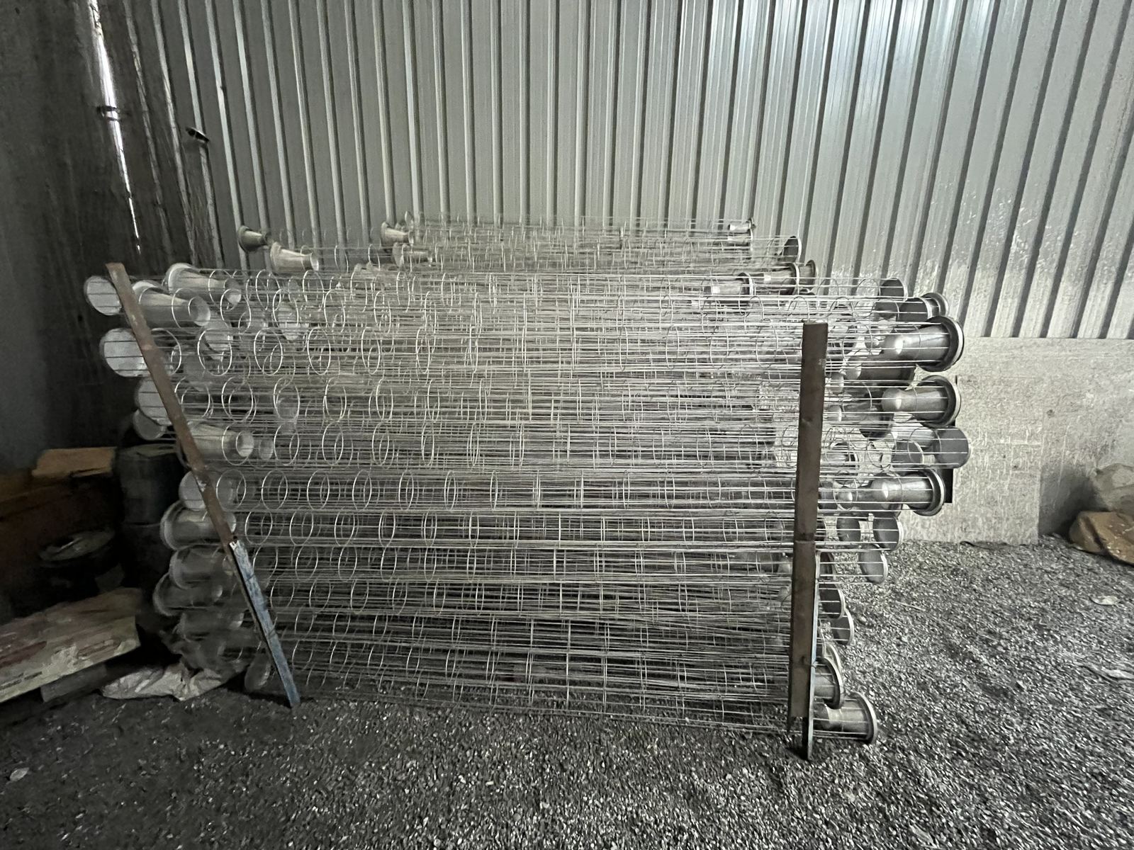 Filter cages manufactured by RG Steel Crafts, stacked at the Indore facility