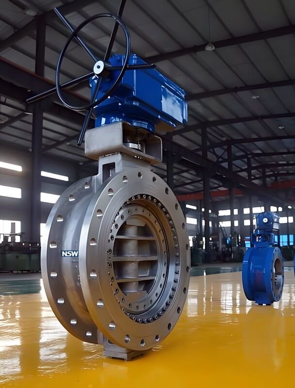 Large industrial butterfly valve with gear actuator, supplied by RG Steel Crafts