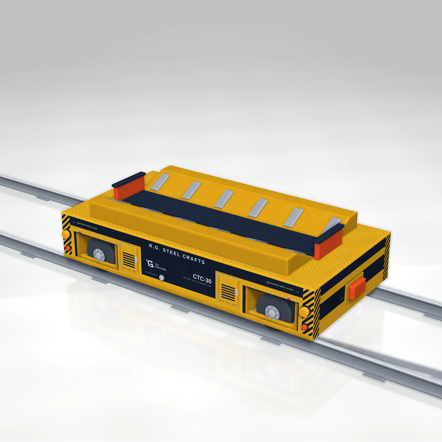 Battery-electric coil transfer trolley CTC-30 with V-cradle saddle deck, 30 tonne capacity
