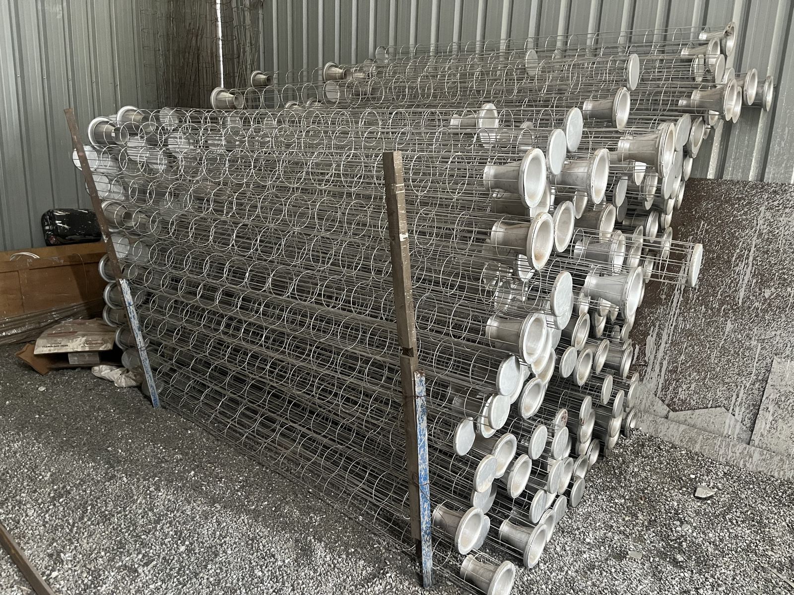 Galvanised iron filter cages manufactured by RG Steel Crafts, stacked at the Indore facility