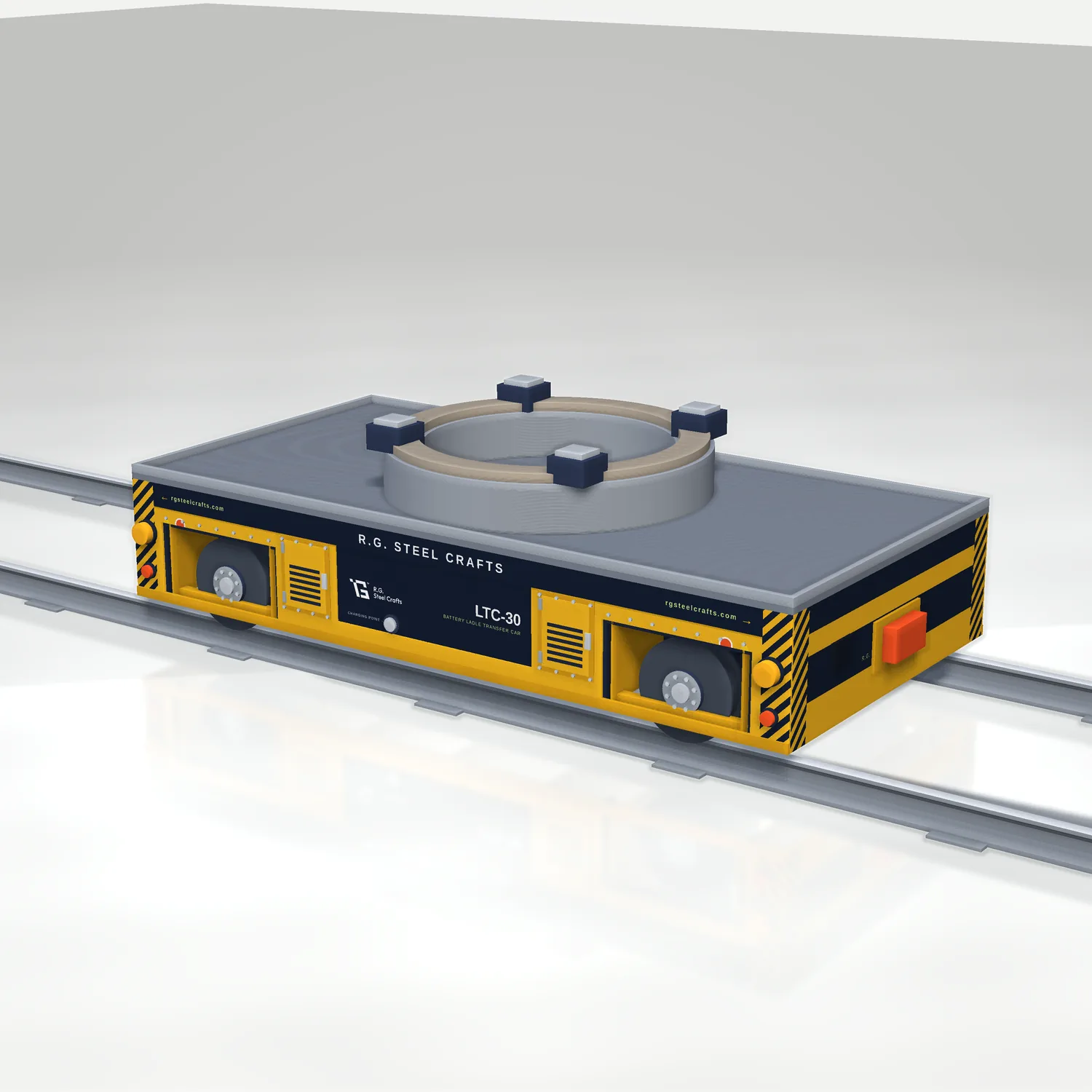 Battery-electric ladle transfer car LTC-30 with heat-shielded deck and steel seat ring, 30 tonne capacity
