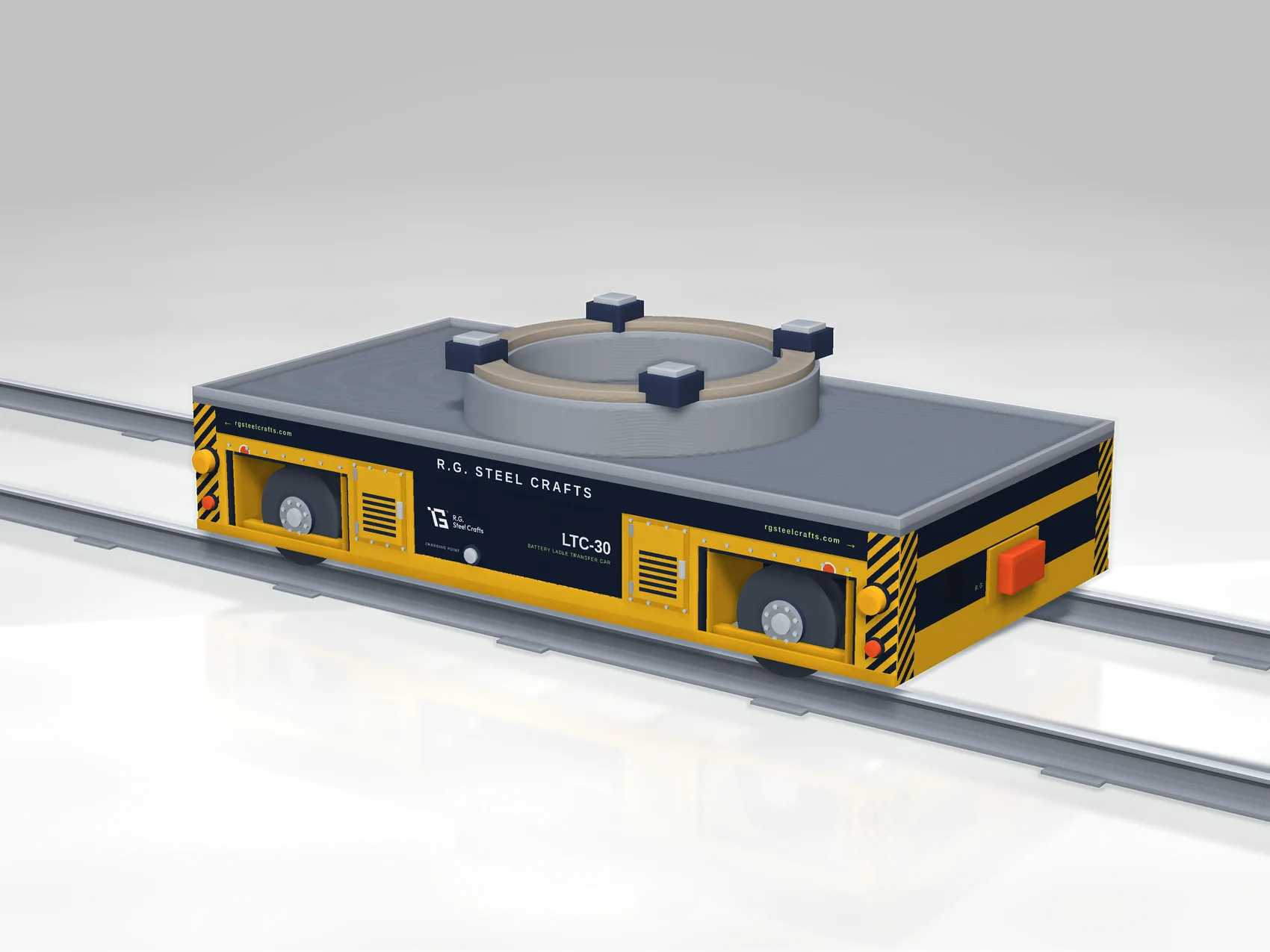 LTC-30 battery ladle transfer car — heat-shielded deck with seat ring for foundry ladles