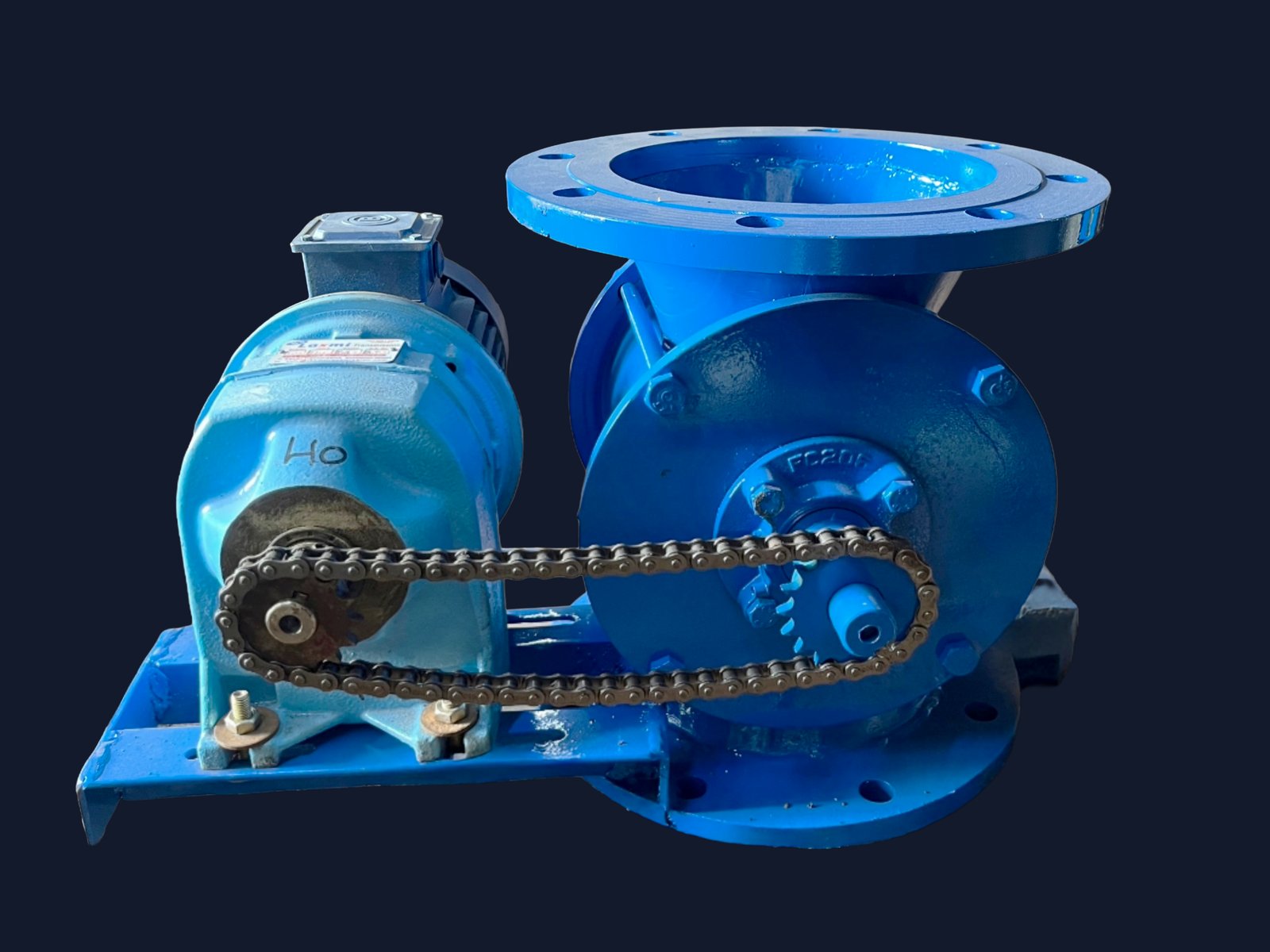 Rotary airlock valve manufactured by RG Steel Crafts, motor and rotor housing detail