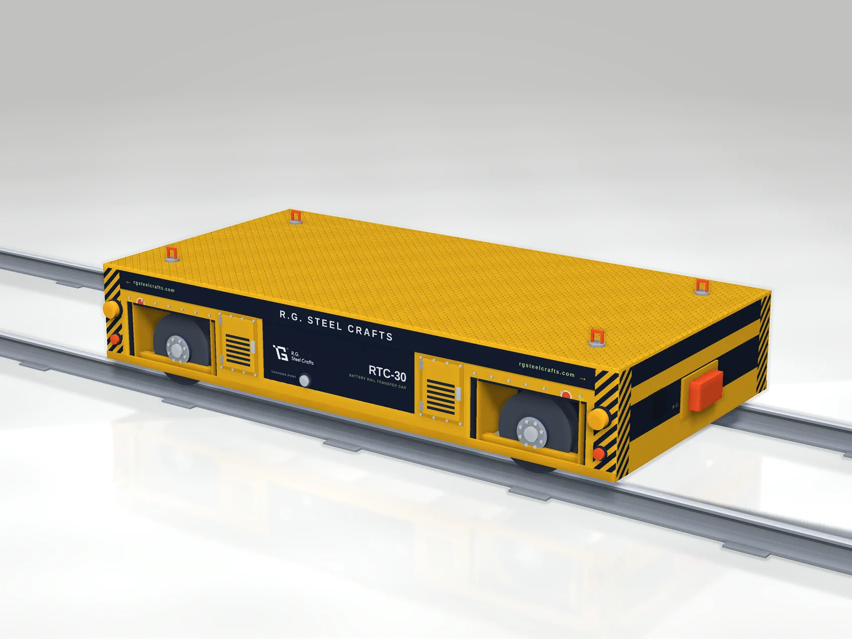 RTC-30 rail transfer car, three-quarter view showing deck and wheel pockets