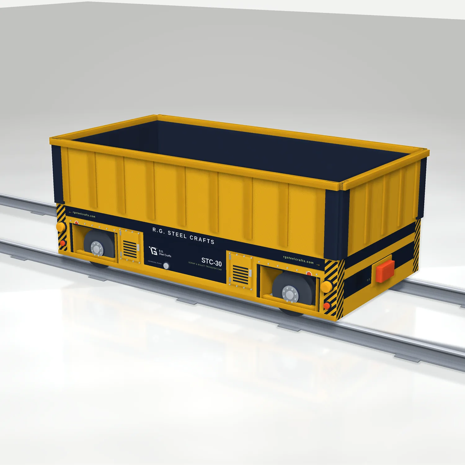 Battery-electric scrap and billet transfer car STC-30 with welded box body, 30 tonne capacity